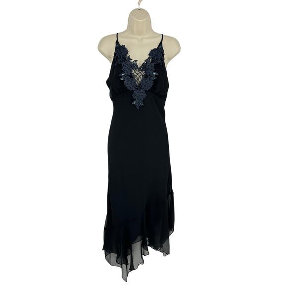 Vintage Y2K Black Cami Asymmetrical Slip Dress S Beaded Fairy Goth Whimsigoth - Picture 2 of 13
